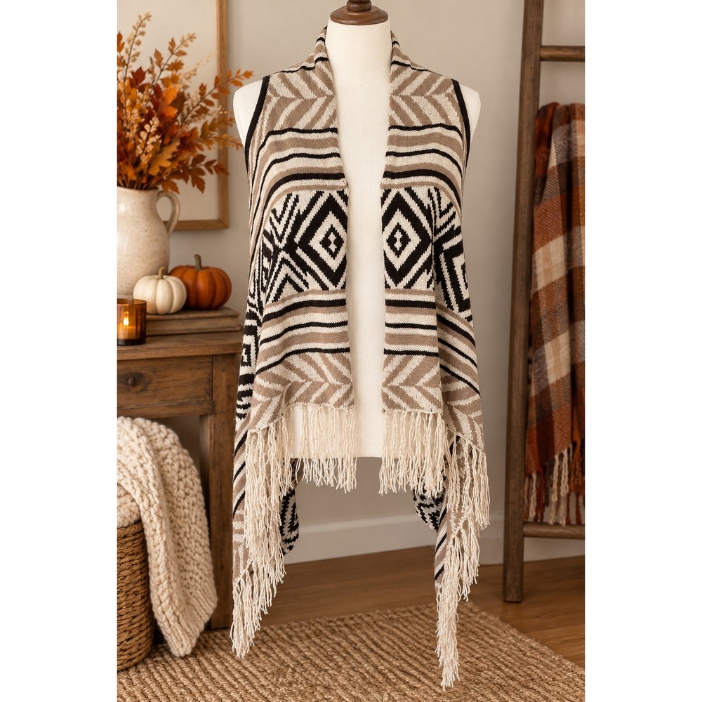 Boho Fringe Cardigan Vest Tribal Aztec Print Open Front Layering Pie